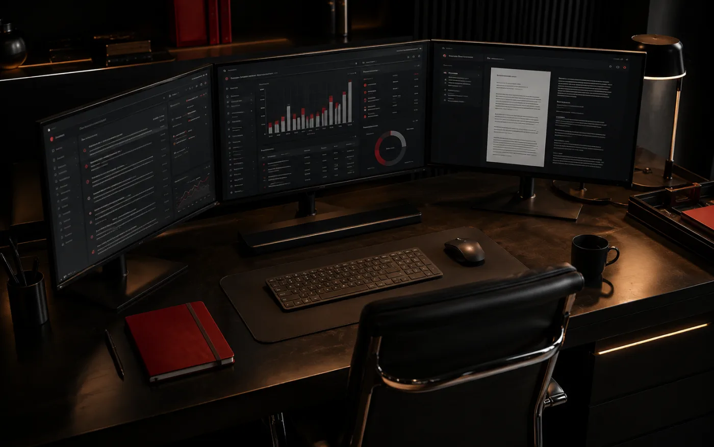 Mesa com três monitores exibindo análises e visualizações de dados