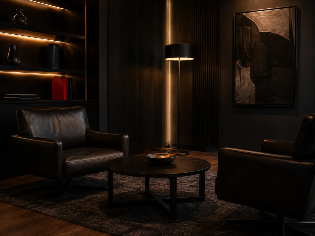 Duas poltronas de couro frente a frente em sala reservada e elegante do escritório