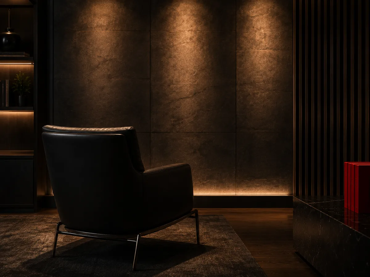 Poltrona de couro em escritório moderno e escuro, iluminada por luz quente